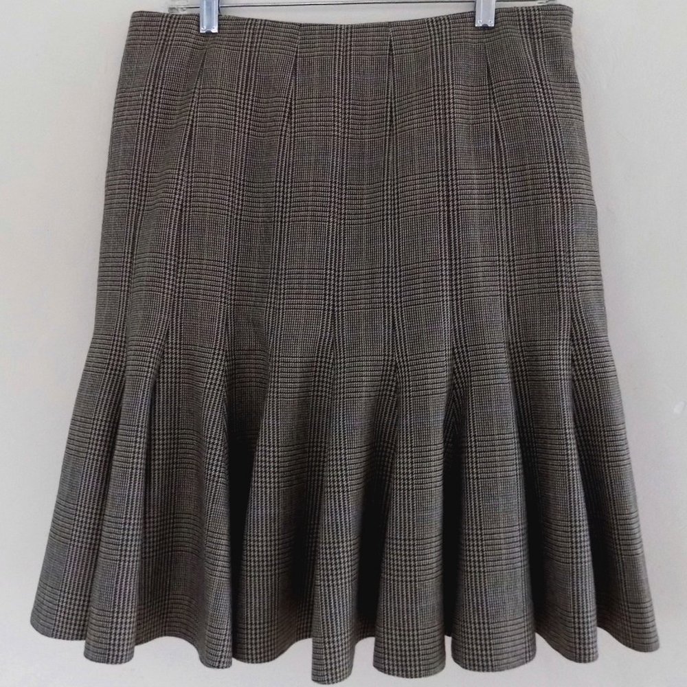 Akris plaid skirt 8 Brown Pleats Wool Cashmere Houndstooth Bergdorf Plaid